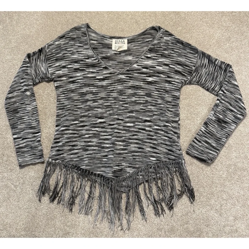 Billabong Sweater Sz L Striped Fringe Bohemian Relaxed V-Neck Long Sleeve Top